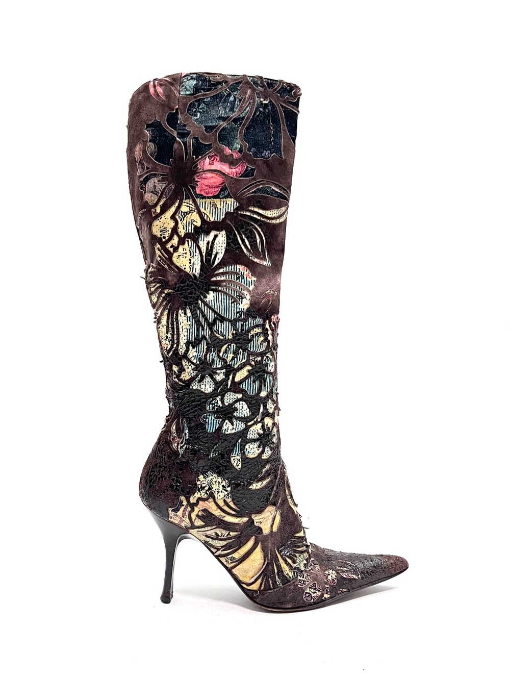 ROBERTO CAVALLI | Vintage Y2K brown suede laser cut pointed toe stiletto boots